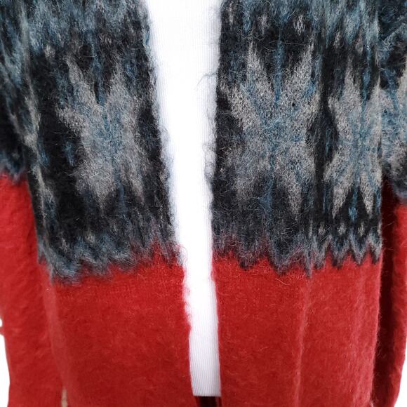 Kerisma Red Blue Fair Isle Open Front Cardigan Sweater Wool Mohair Pockets S / M - Picture 4 of 12
